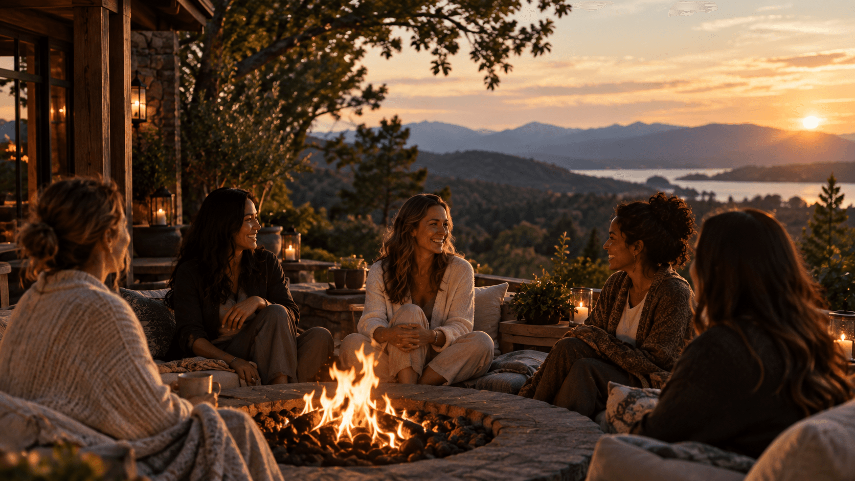 Soulware Retreats community gathered around a firepit at sunset